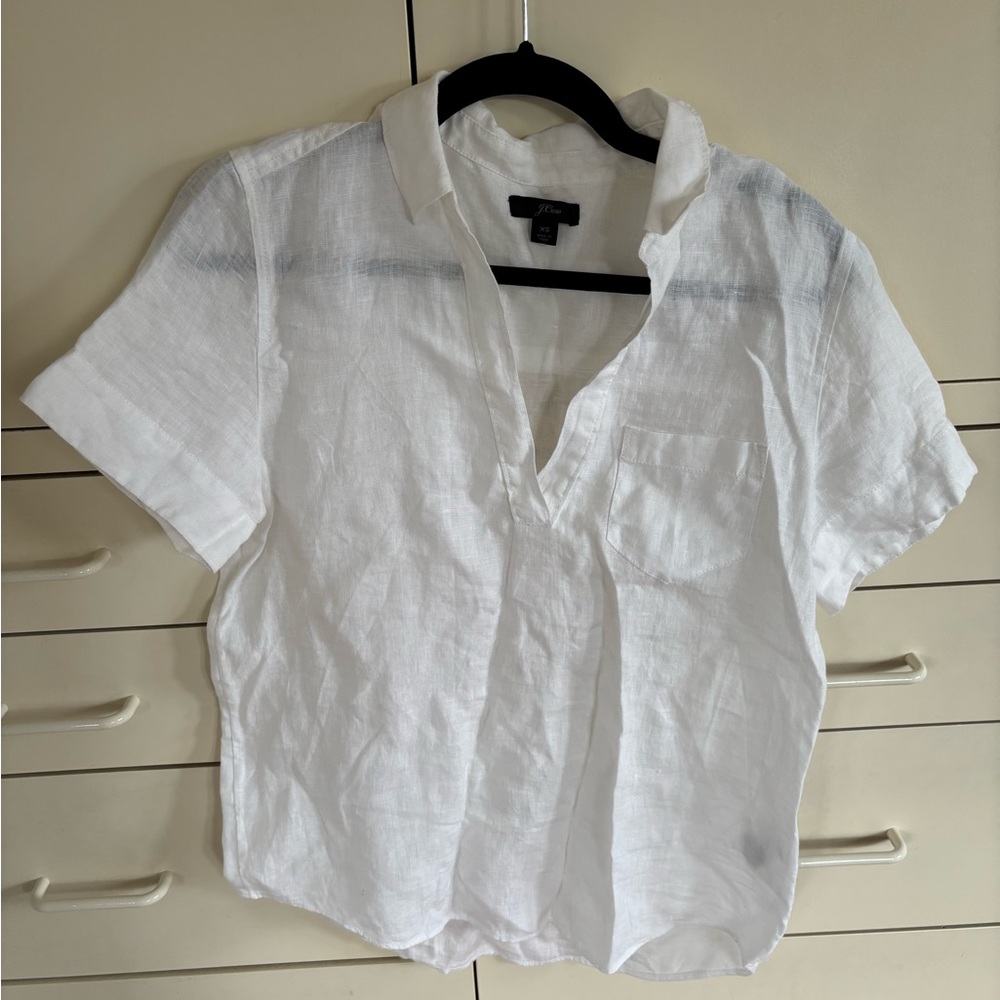 White Linen Short-Sleeve popover Shirt